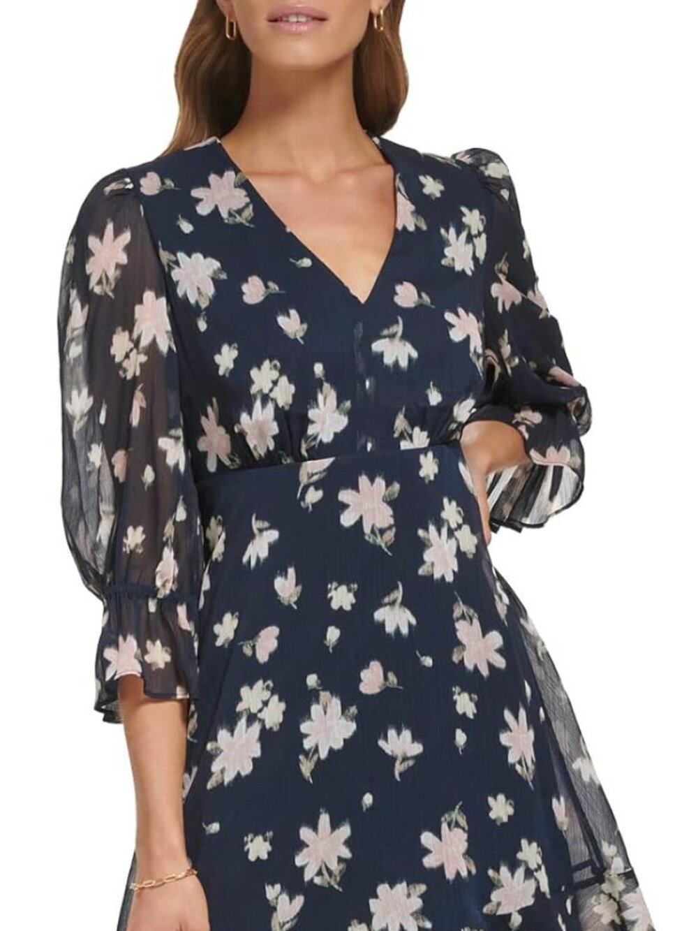 DKNY Dark Navy & Blush Pink Floral Chiffon V-Neck Dress - Size 4